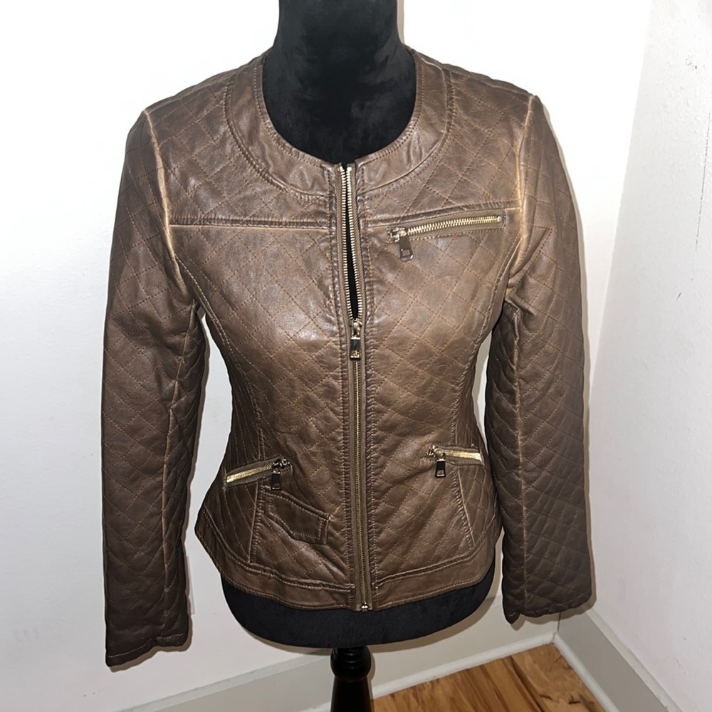 Lavand Sz S faux distressed look quilted‎ zip up brown moto jacket